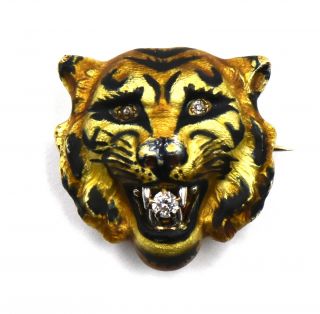 Victorian Enamel Diamond Enamel Figural Tiger Lion Pin Brooch 14k Yellow Gold Nr