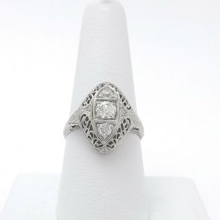 Art Deco 18k White Gold 3 Stone Diamond Navette Cocktail Ring