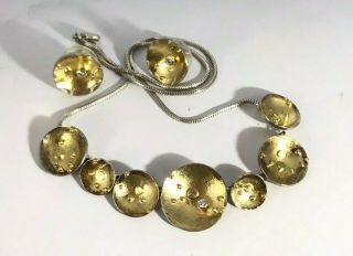 Modernist Sydney Lynch Signed Necklace And Earring Set Set Ss & Gold W Diamonds