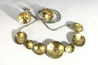 Modernist Sydney Lynch Signed Necklace and Earring Set Set SS & Gold W Diamonds 2