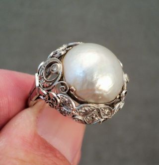 Vtg Platinum 20 Diamond & Baroque Pearl Big Cocktail Ring Size 8.  5 - Custom Made