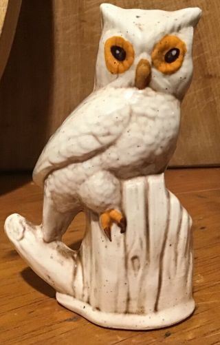 Vintage White Owl W/ Big Yellow Eyes Perched On A Stump Toothpick Holder