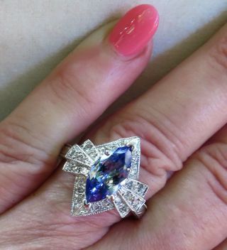 Art Deco 2.  35 Ct Marquise Cut Tanzanite & Diamond 14k White Gold Engagement Ring