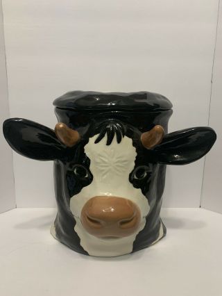 Vintage Holstein Cow Head Cookie Jar Black White Ceramics