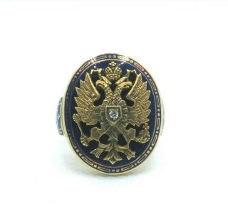 14k Gold Imperial Russian Double Headed Eagle Cobalt Enamel Diamond Ring Sz 7
