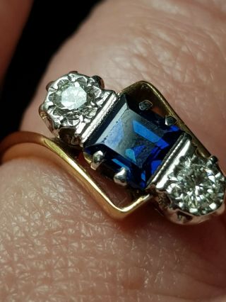 Art Deco 18ct Gold Platinum Ceylon Sapphire Diamond Ring Size M.  5