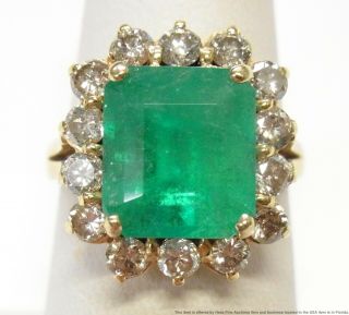 1950s Huge Natural Emerald Diamond 14k Gold Ladies Vintage Halo Statement Ring