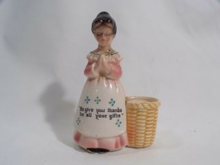 Vintage Toothpick Holder Prayer Lady In Pink We Give You Thanks 4.  25 "