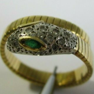 Vintage 18k Gold Snake Serpent Ring With Diamonds & Emerald Eyes Size 7.  5