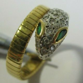 VINTAGE 18K GOLD SNAKE SERPENT RING WITH DIAMONDS & EMERALD EYES SIZE 7.  5 2