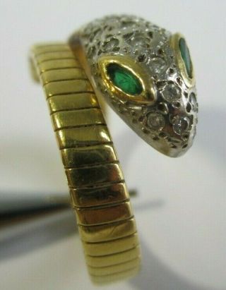 VINTAGE 18K GOLD SNAKE SERPENT RING WITH DIAMONDS & EMERALD EYES SIZE 7.  5 3