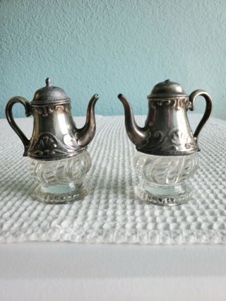 Vintage Metal And Glass Teapot Salt And Pepper Shakers