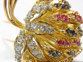 18k Gold 1.  45ctw Fine Diamond 7.  50ctw Natural Ruby Sapphire Midcentury Brooch 3