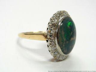 Antique Natural Australian Black Opal Doublet Ring Large 14k Gold Diamond Halo 3