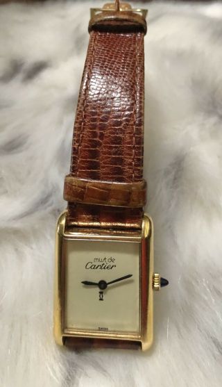 Must de Cartier ladies Gold tone Vintage watch With Blue Stone Stem 2