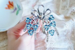 Vintage 40s Pennino Sterling Silver Blue Crystal Flower With Bow Brooch Pin 3