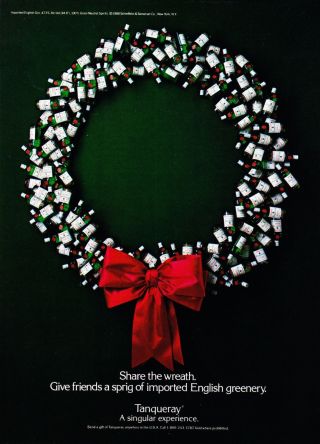 1988 Tanqueray Gin Bottles Christmas Wreath Photo " Imported Greenery " Print Ad