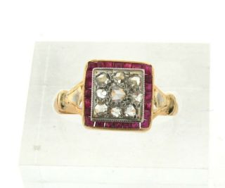 Art Deco Rubies Rose Cut Diamonds 18k Yellow Gold Ring