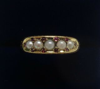 Antique C.  1930 Seed Pearl And Ruby Ring 15ct Yellow Gold - Size Q (us 8) - 2.  7 G