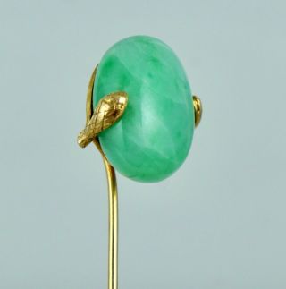 14k Antique Jade Snake Stick Pin Brooch Stickpin Vintage Yellow Gold