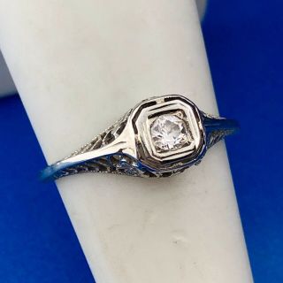 Art Deco 14k White Gold Diamond Solitaire Filigree Engagement Promise Ring