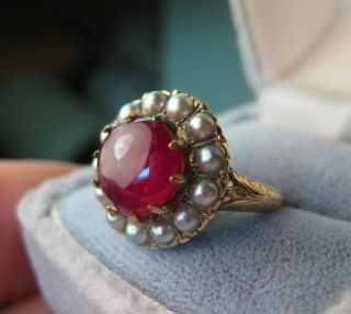 Art Nouveau Lipstick Red Natural 4 - Carat Ruby Antique Seed Pearls 14k Gold Ring