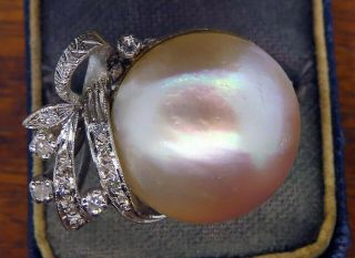 Vintage Palladium Art Deco Antique Mabe Pearl Diamond Cocktail Filigree Ring