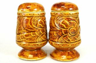 Set Of Vintage Orange And Gold Floral Salt And Pepper Shakers (as - Is)