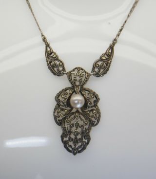 Antique/vintage Silver,  Marcasite And Pearl Necklace