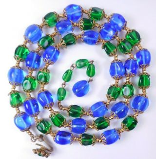 Vtg Signed Miriam Haskell Blue Green Poured Glass Bead Necklace 28 "