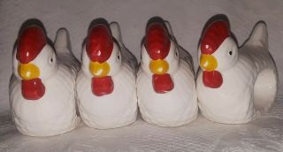 Set Of 4 Vintage Farmhouse Chicken/rooster Napkin Rings - White & Red