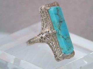 Antique Art Deco A&s Solid 14k White Gold Filigree Turquoise Ring Sz 5 1/4