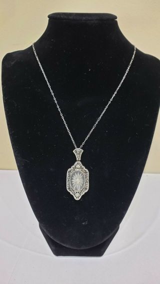 Antique Art Deco Camphor Glass 14k White Gold & Diamond Filigree Necklace