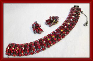 Sherman Siam Red & Red Ab -.  75 " Wd Japanned Openwork Cluster Bracelet Set Nr