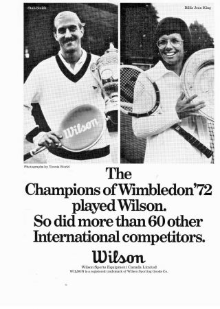 1973 Stan Smith/billie Jean King " Wilson " Tennis Rackets Print Advertisement
