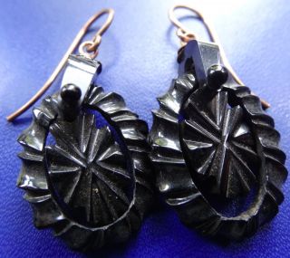 Antique Victorian Whitby Jet Carved Star Dangle Drop Gilt Pierced Earrings D390