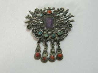 Matl Matilde Poulat Mexican Silver Amethyst Turquoise & Coral Doves Brooch