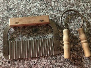 Vintage Rippled Wavy Cheese Slicer With Wood Handle,  Jar Opener Wood Handles