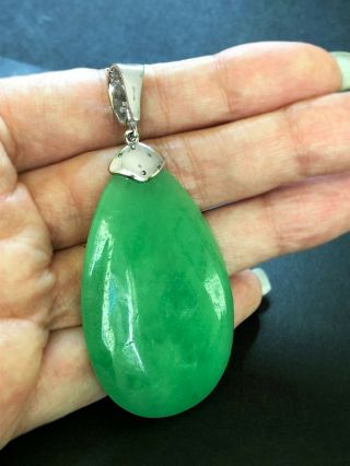 Vtg Huge Emerald Green Jadeite Jade Sterling Silver Modernist Teardrop Pendant