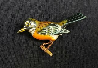 Vintage Signed Takahashi Robin Bird Pin Hand Painted Carved Wood