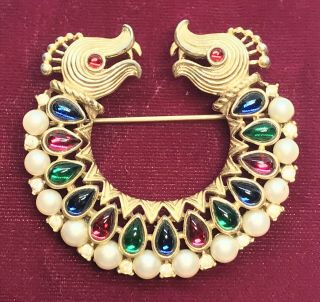 Vintage Crown Trifari Jewels Of India Moghul Rare Serpent 2 Headed Cabochon Pin