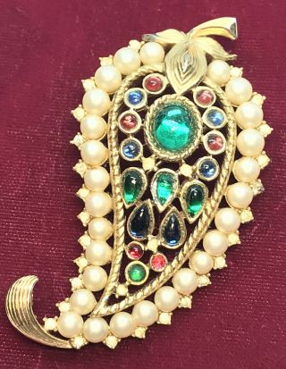 Vintage Crown Trifari Jewels Of India Moghul Rare Paisley Cabochon Pin