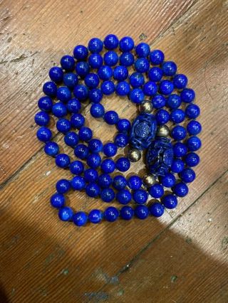 Vintage Blue Lapis Lazuli & 14k Yellow Gold Beaded Necklace Carved Large 34 Inch