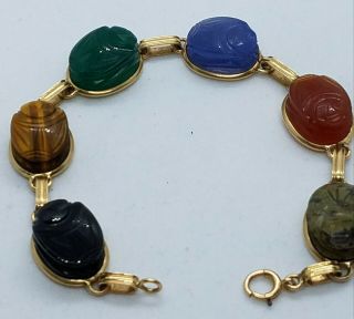 Vintage 14k Gold Rare Raised Carved Stones Scarab Bracelet