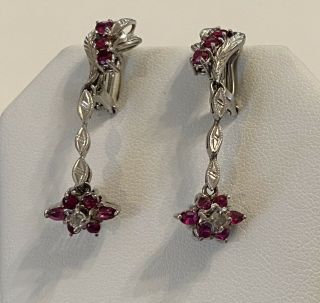 Vintage Antique 14k White Gold Red Ruby & Diamond Drop Dangle Earrings Art Deco