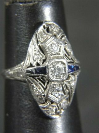 Vintage Art Deco 18k White Gold Filigree Diamond Sapphire Ring Size 6.  5