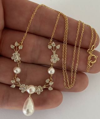 9ct Gold & Silver Cultured Pearl & Diamond Art Nouveau Design Pendant Necklace.