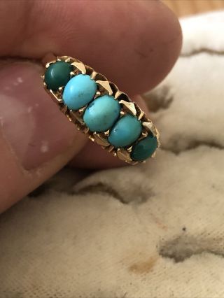 Antique Late Victorian 18 Ct Yellow Gold Ring Turquoise Stones Size T1/2 1900