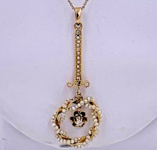 10k Yellow Gold Victorian Lavalier Seed Pearl And Diamond Pendant Necklace