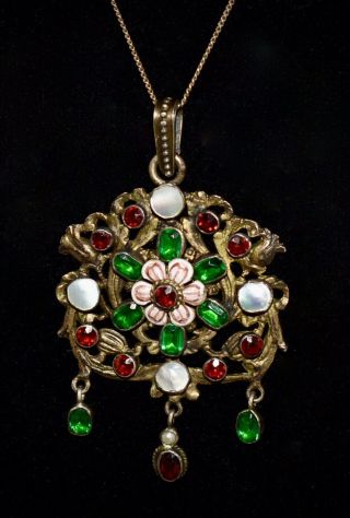 Romantic 1800s 800 Silver Austro Hungarian Enamel & Jeweled Pendant Necklace